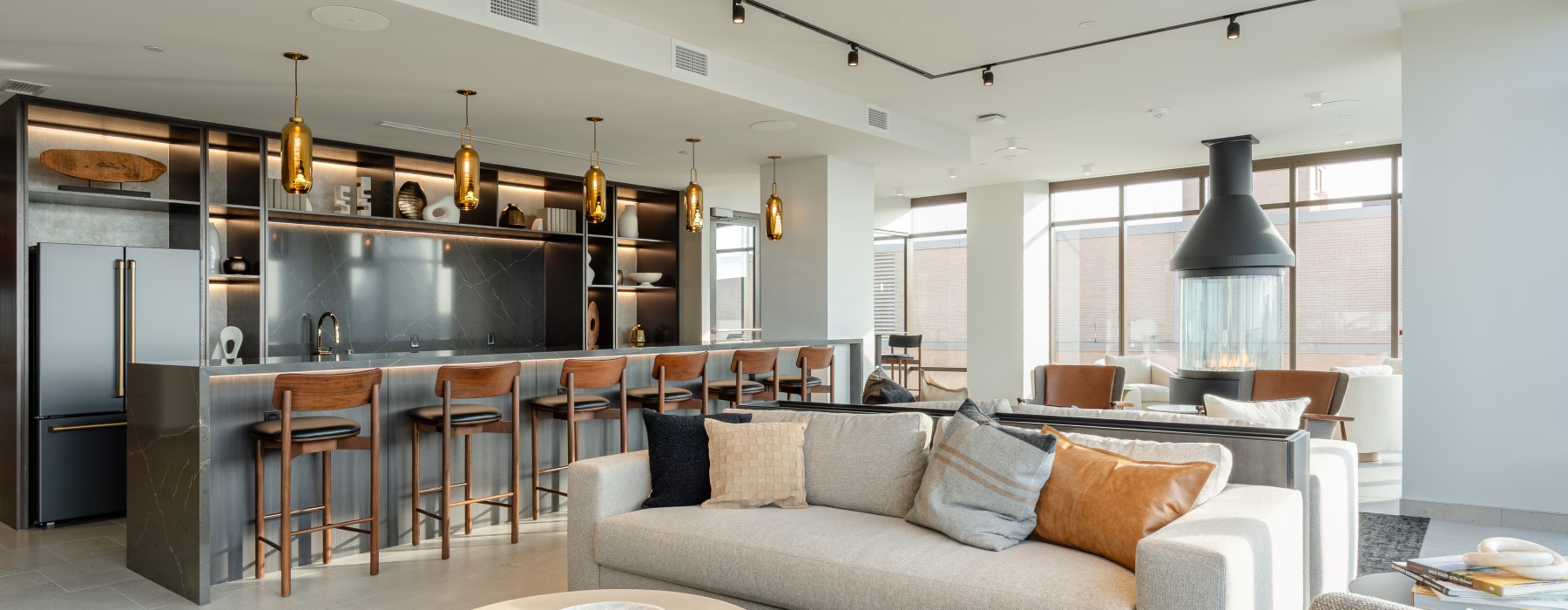 a room with bar seating
