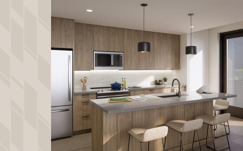 a kitchen with a bar stool and a table
