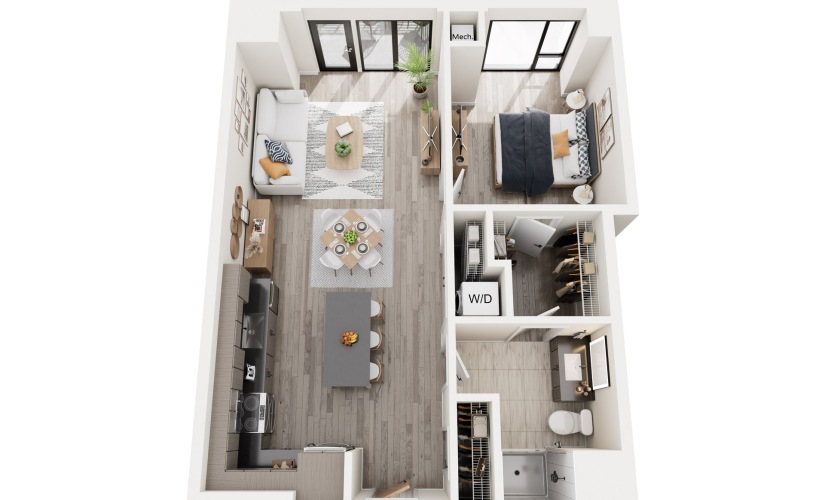 1A.1 - 1 bedroom floorplan layout with 1 bathroom and 751 square feet