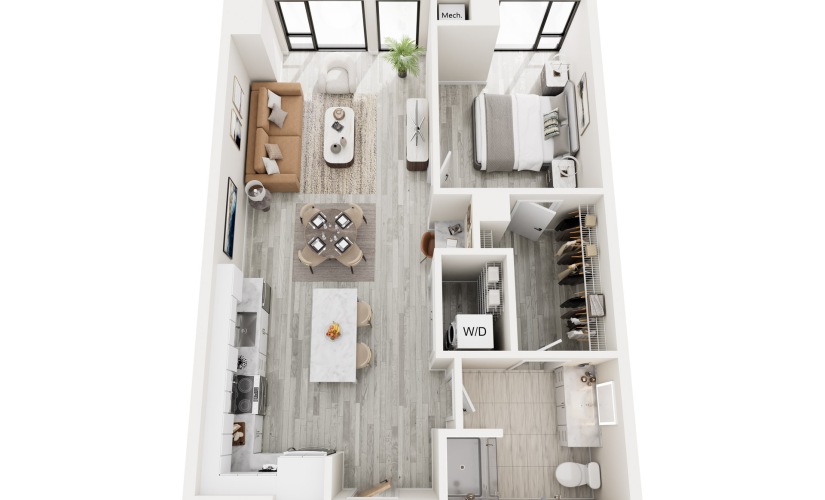 1B.1 - 1 bedroom floorplan layout with 1 bathroom and 804 square feet