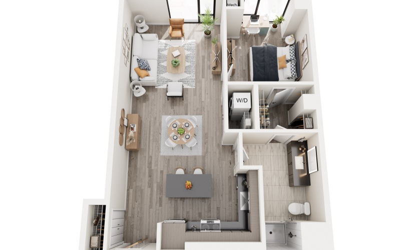1B.6 - 1 bedroom floorplan layout with 1 bathroom and 837 square feet