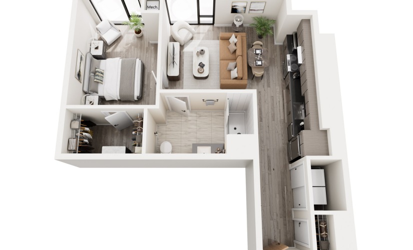 1C.2 - Type A - 1 bedroom floorplan layout with 1 bathroom and 708 square feet