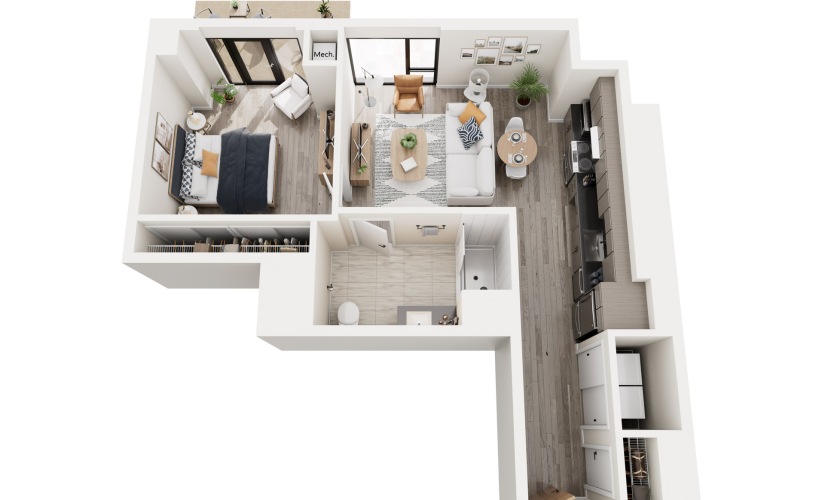 1C.3 - Type A - 1 bedroom floorplan layout with 1 bathroom and 708 square feet