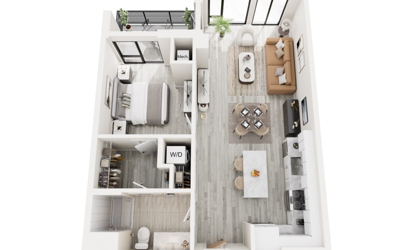 1D.1 - 1 bedroom floorplan layout with 1 bathroom and 741 square feet