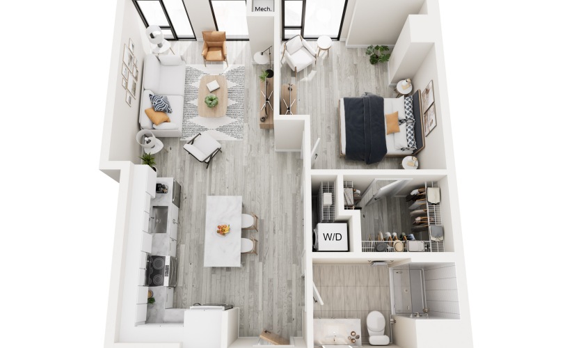 1E.1 - 1 bedroom floorplan layout with 1 bathroom and 710 square feet