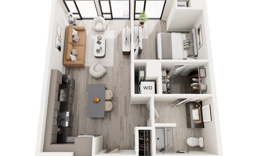 1F.1 - 1 bedroom floorplan layout with 1 bathroom and 679 square feet