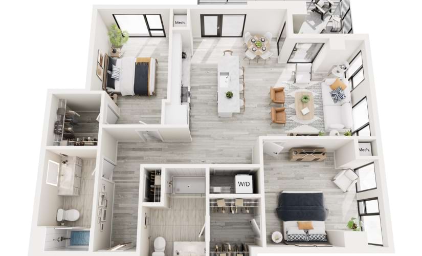 2D.1 - 2 bedroom floorplan layout with 2 bathrooms and 1206 square feet