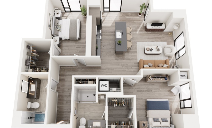 2D.2 - 2 bedroom floorplan layout with 2 bathrooms and 1173 square feet
