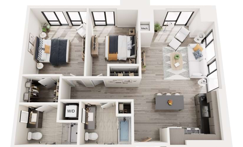 2E.1 - 2 bedroom floorplan layout with 2 bathrooms and 1014 square feet