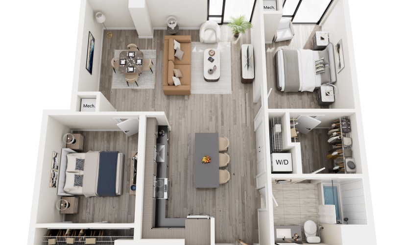2K.1 - 2 bedroom floorplan layout with 1 bathroom and 1007 square feet