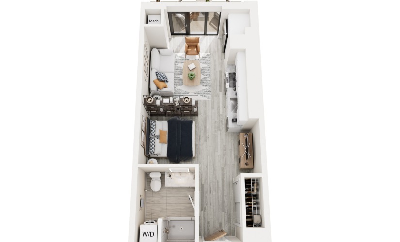 SC.1.2 - Studio floorplan layout with 1 bathroom and 485 square feet