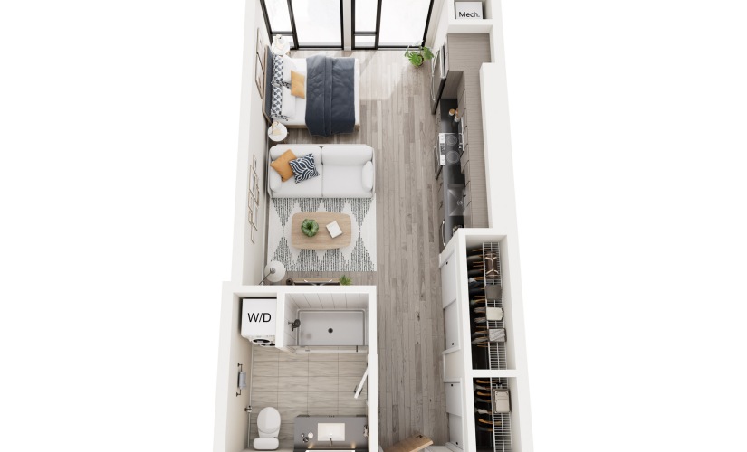 SE.3 - Studio floorplan layout with 1 bathroom and 489 square feet