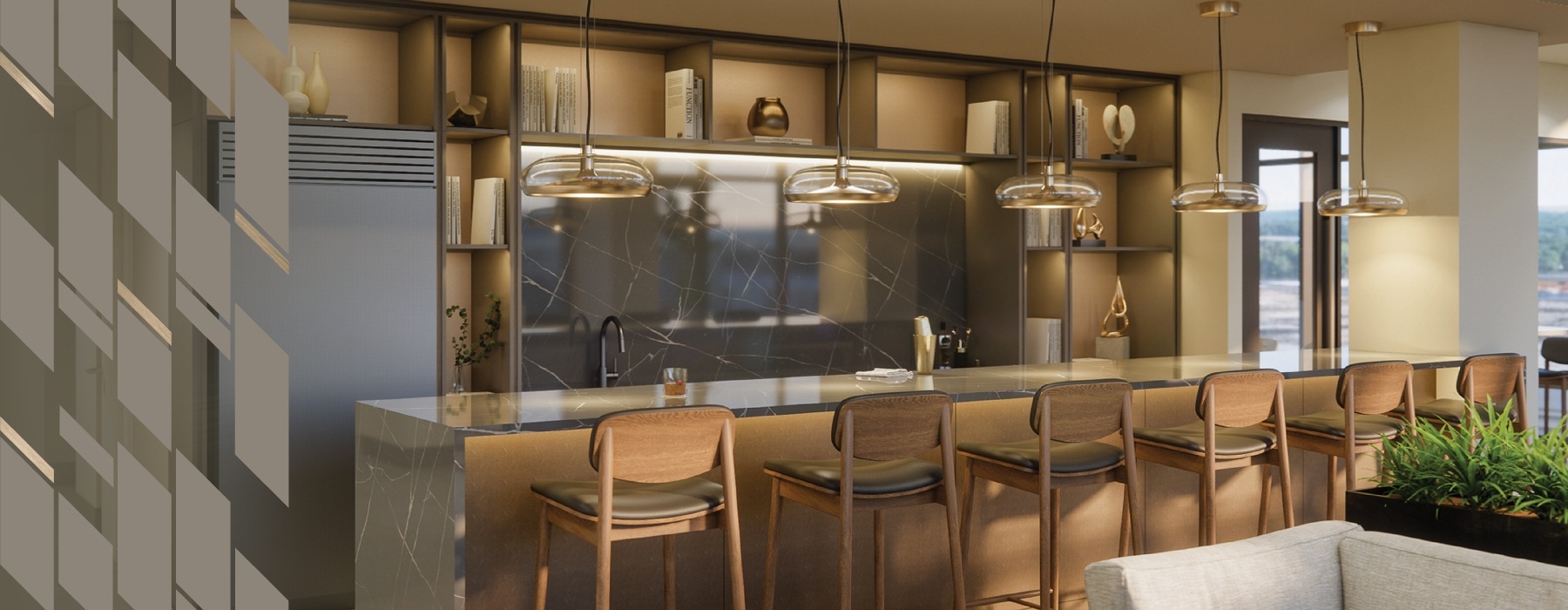 a kitchen with bar and chairs
