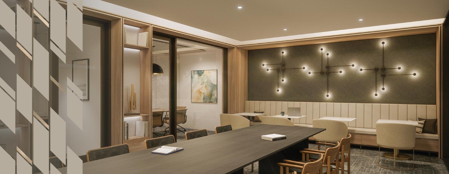 a room with a long table and chairs