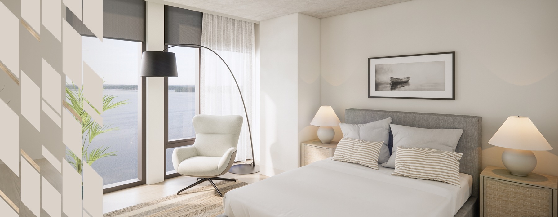 a bedroom with a bed and lamps