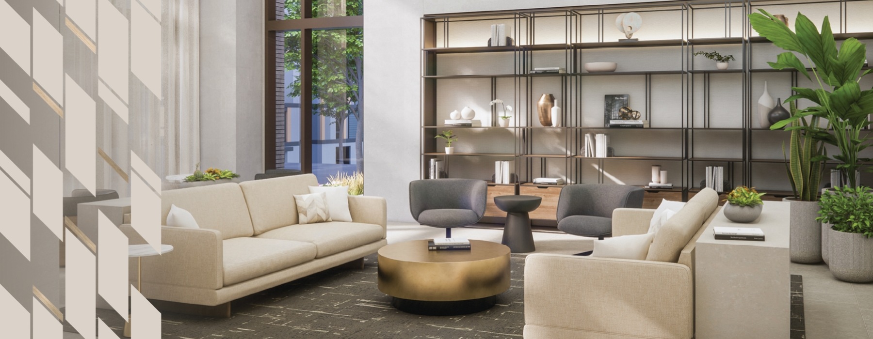 a large room with a bookcase
